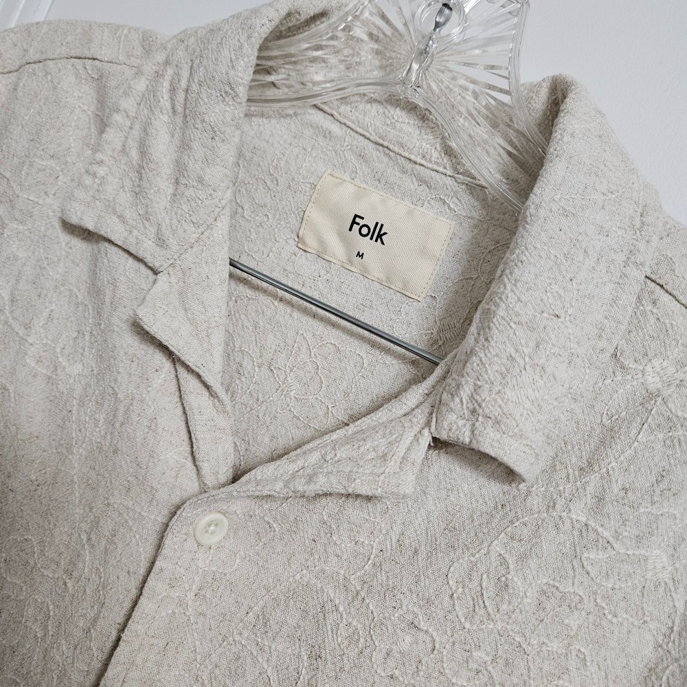 Folk Embroidered Linen Blend Shirt Mens M Beige Short Sleeve Camp Collar Casual